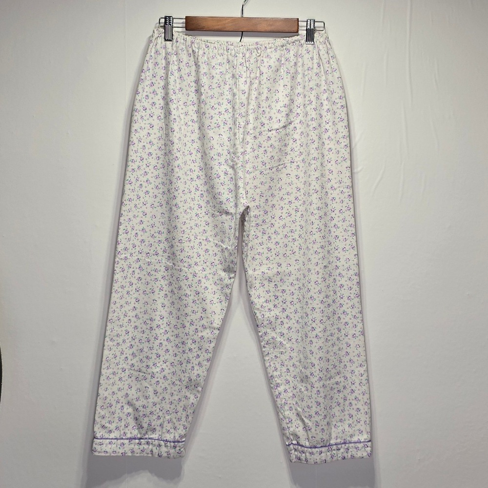 Women's Pajama Pants Size M White Purple Floral Cotton Lounge Sleepwear handmade